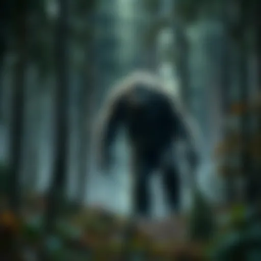 A depiction of Bigfoot standing in a dense Alaskan forest, surrounded by tall trees and underbrush.