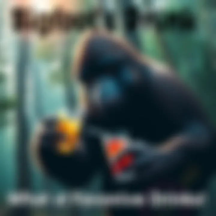 Bigfoot's Drink Adventure A whimsical portrayal of Bigfoot holding a drink in a forest setting, surrounded by mystique and wilderness.