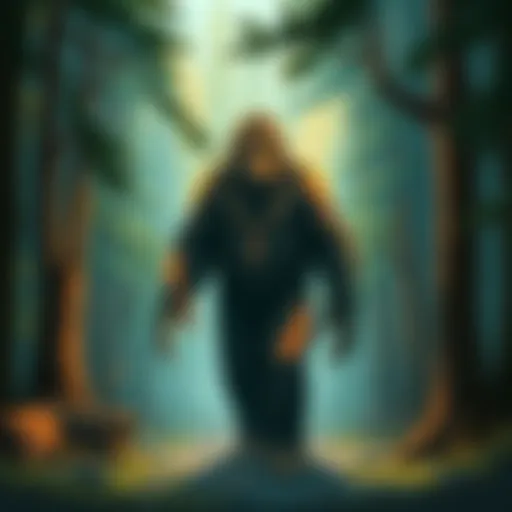 A vibrant illustration of Bigfoot walking through a forest, showcasing the creature's features and artistic style.