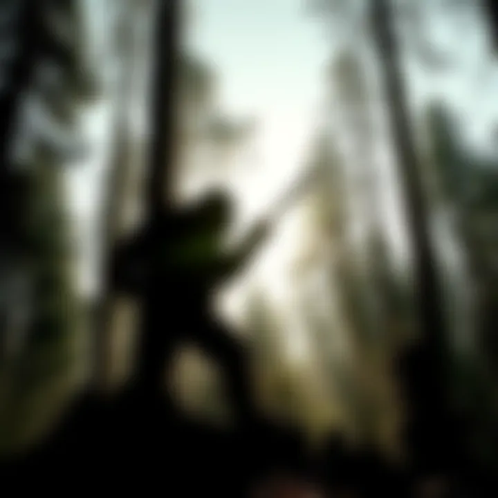 Bigfoot Knocking on Trees A silhouette of Bigfoot in a forest, striking a tree with a stick, surrounded by tall trees and foliage.