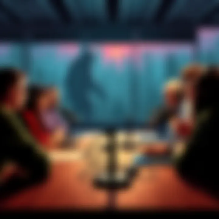 A group of people sitting around a table with microphones, discussing Bigfoot stories