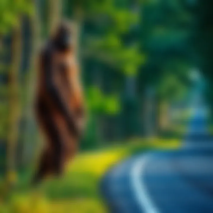 A tall creature resembling Bigfoot stands near Tinkers Creek, with trees in the background and a road visible nearby.