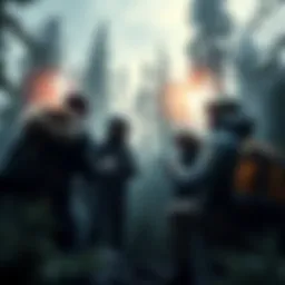 Mountain climbers and forest rangers discussing Bigfoot and Yeti sightings in a dense forest