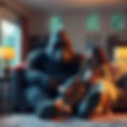 A happy Bigfoot sitting in a cozy living room with a family, showcasing warmth and acceptance.