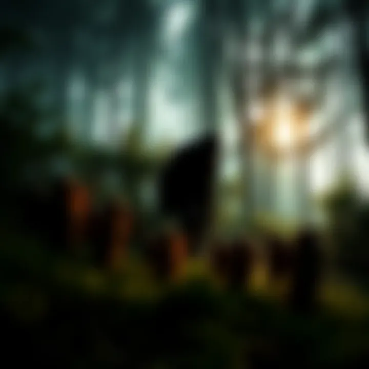 A scene of a forest with a silhouette of Bigfoot beside hidden angel figurines among trees and bushes