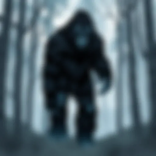Bigfoot Artwork in Gray Forest A creative illustration of Bigfoot in a gloomy forest, showcasing vibrant brush pen techniques and eerie details using paint markers.
