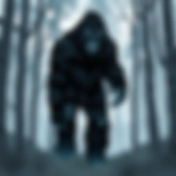 Bigfoot Artwork in Gray Forest A creative illustration of Bigfoot in a gloomy forest, showcasing vibrant brush pen techniques and eerie details using paint markers.