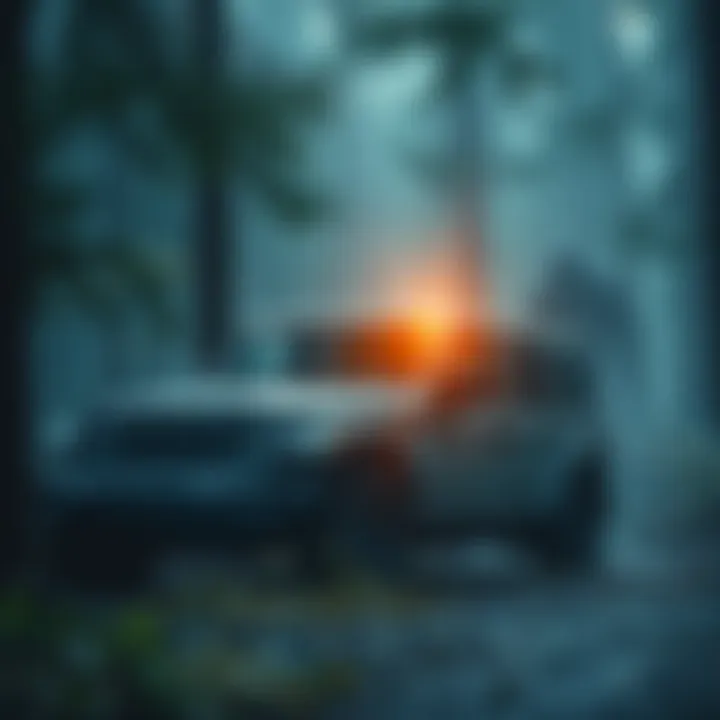 A former ranger's Jeep is shown with scratches and dents, surrounded by trees in a forest, while a shadowy figure resembling Bigfoot looms nearby.