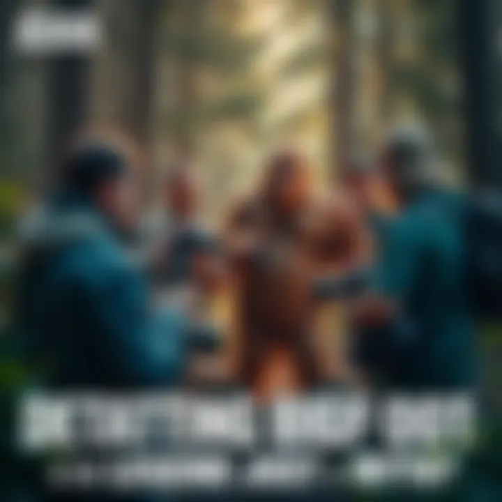 A group of people discussing the Bigfoot legend, surrounded by nature with cameras and equipment in hand.