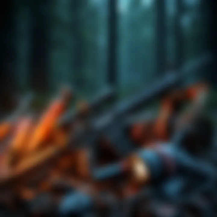 Bigfoot Defense Weapons A collection of weapons including a rifle, shotgun, and high-voltage tool, ready for Bigfoot defense in the woods.