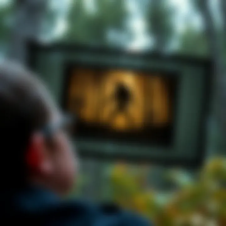 Bigfoot Film Debate A person looking at a vintage film frame showing a figure resembling Bigfoot in a forest setting, with discussion points around them.