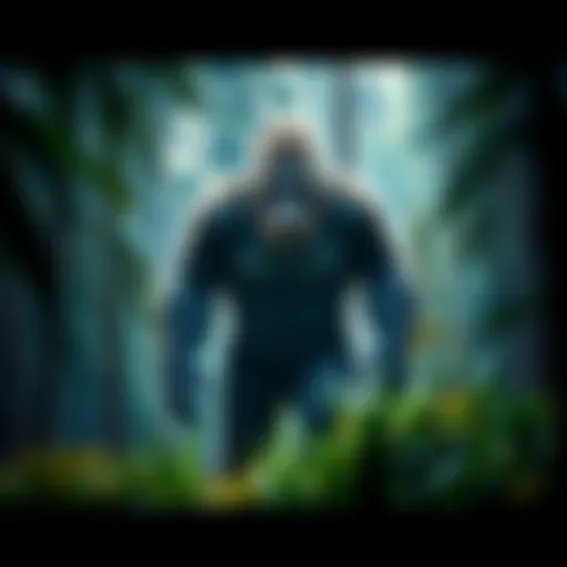 A large, hairy Bigfoot creature standing in a dense forest, showcasing its intimidating presence.