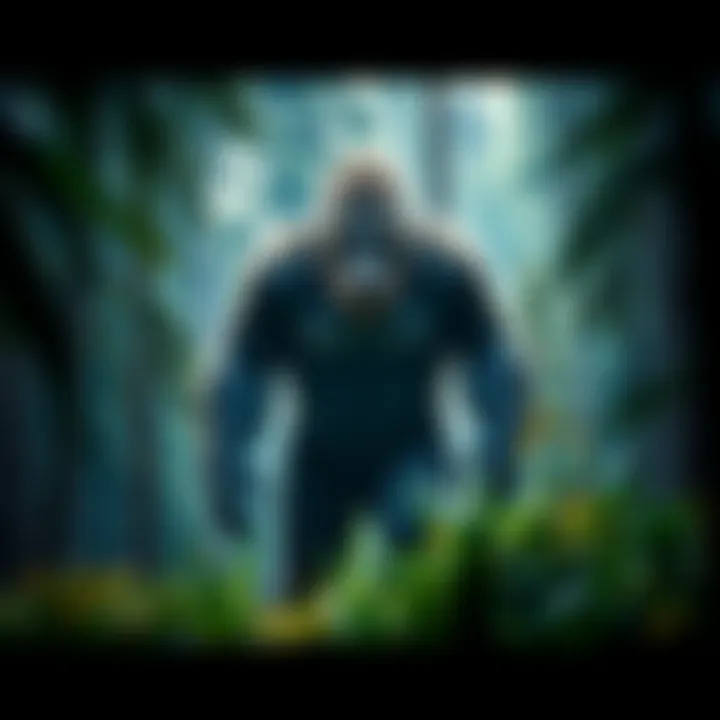 A large, hairy Bigfoot creature standing in a dense forest, showcasing its intimidating presence.