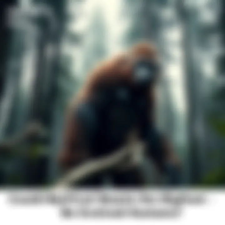 A large, hairy figure resembling Bigfoot stands among tall trees in a dense forest, showcasing its massive build and unique features.