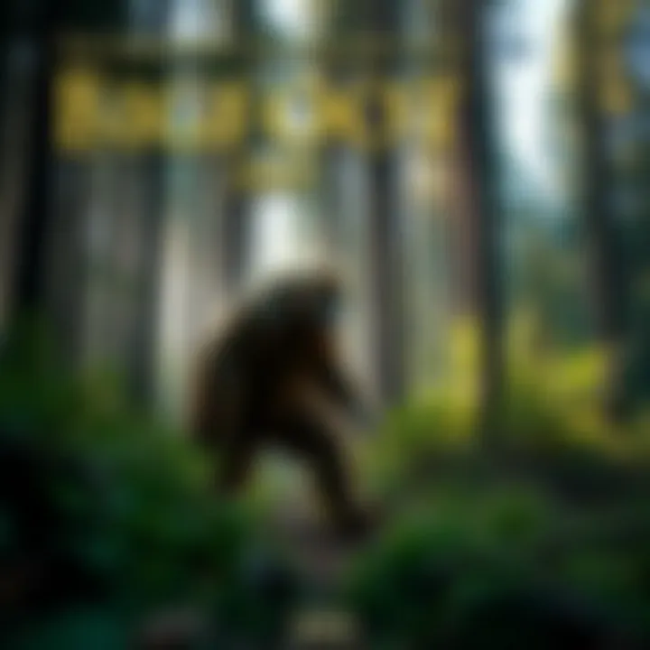 A large, hairy creature resembling Bigfoot walking through a dense forest with tall trees and underbrush.