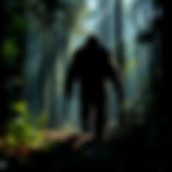 A shadowy figure resembling Bigfoot walking through a dense forest, with trees and underbrush surrounding it.
