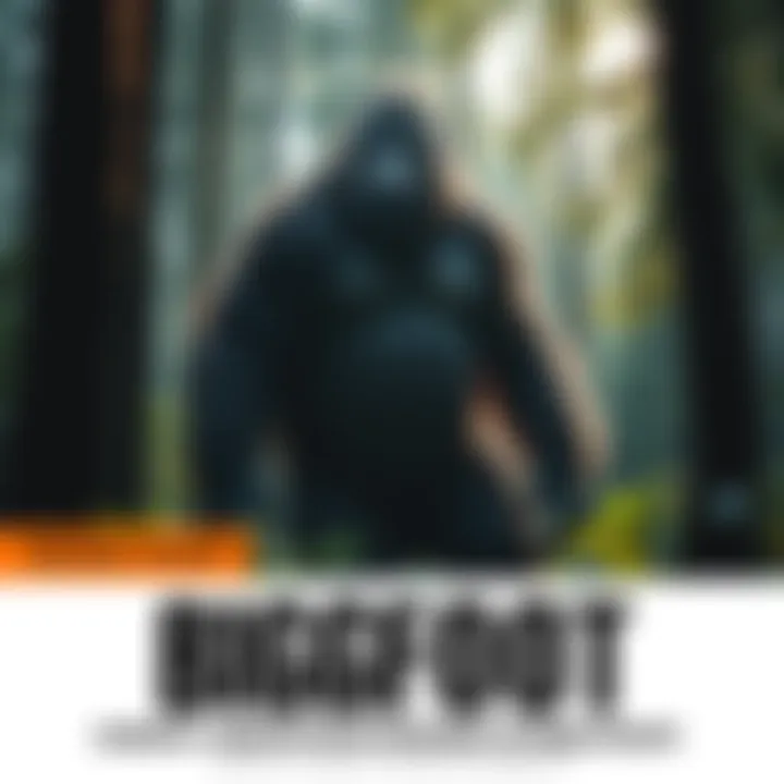 A large, hairy creature resembling Bigfoot stands among trees in a dense forest, surrounded by foliage.