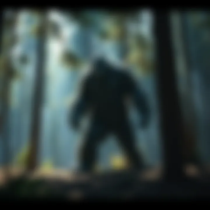 A large, hairy creature resembling Bigfoot stands among trees in a forest, casting a long shadow on the ground.