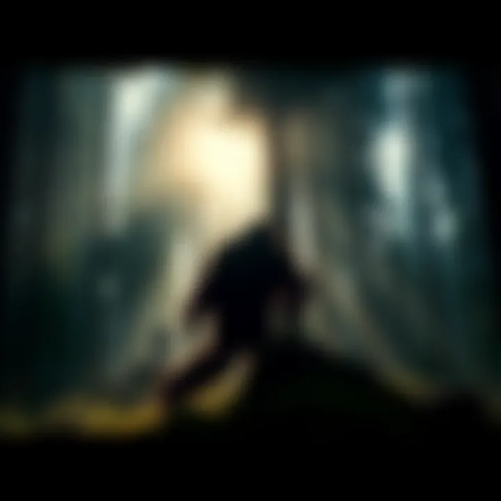 A silhouette of a large, hairy creature walking through a forest, resembling Bigfoot as seen in the Patterson-Gimlin Film.