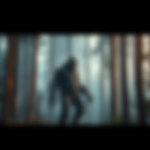 A large hairy creature resembling Bigfoot stands among tall trees in a dense forest.