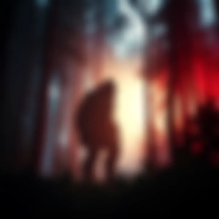 A silhouette of Bigfoot standing in a dense forest, with a glowing portal in the background, hinting at interdimensional travel.