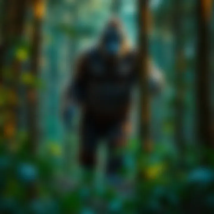 A large, hairy humanoid figure resembling Bigfoot standing among trees in a dense forest