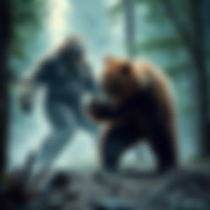 Bigfoot and a grizzly bear engage in a fierce battle in a forest setting