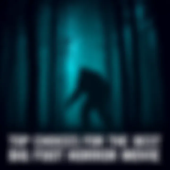 A dark forest setting with a shadowy figure resembling Bigfoot lurking among the trees, creating a chilling atmosphere.