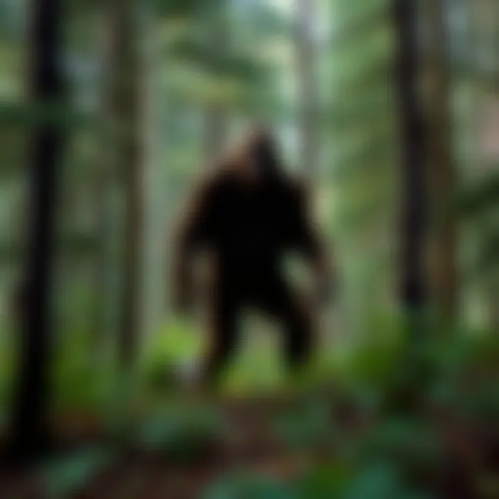 A blurry figure resembling Bigfoot stands in a dense forest, with trees and foliage surrounding it. The scene captures the iconic moment from the Patterson-Gimlin film.