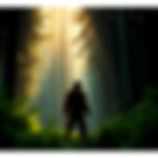A person in a Bigfoot costume standing in a dense forest, surrounded by trees and underbrush.