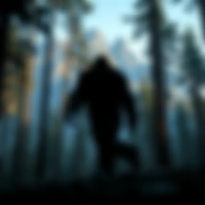 A shadowy figure resembling Bigfoot stands among tall trees, with a mountainous background, suggesting an elusive creature in nature.