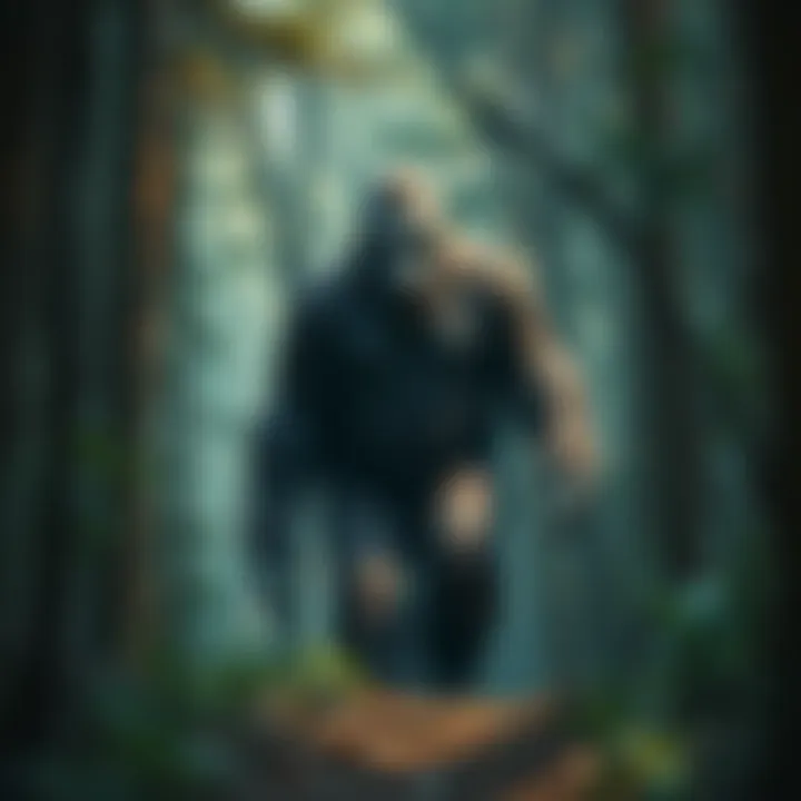 A tall, hairy figure resembling Bigfoot stands in a forest with trees and foliage around it, capturing the essence of folklore.