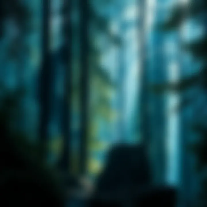 A dense forest in Marble Mountain with a shadowy figure resembling Bigfoot partially visible among the trees