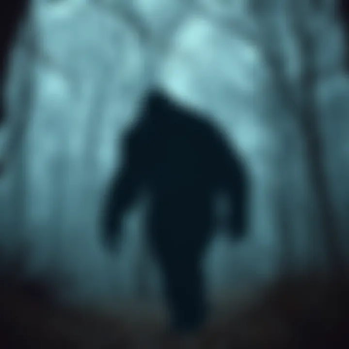 A shadowy figure resembling Bigfoot stands in a wooded area near military facilities, hinting at possible connections to military secrets.