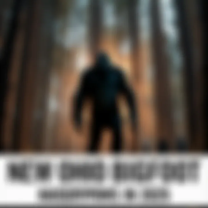 Bigfoot in Ohio Forest A dark, tall figure resembling Bigfoot stands among trees in an Ohio forest, with curious onlookers watching from a distance.