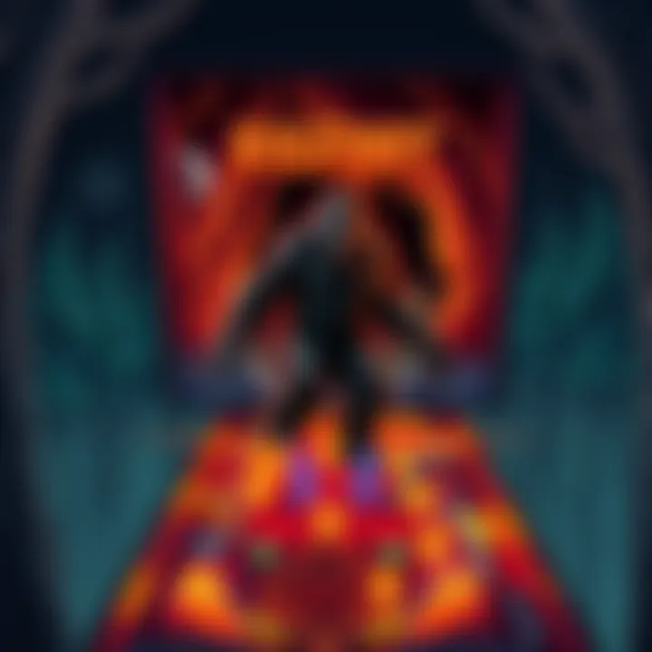 A pinball machine design featuring Bigfoot in a forest setting with roaring caves and tree-shaped bumpers