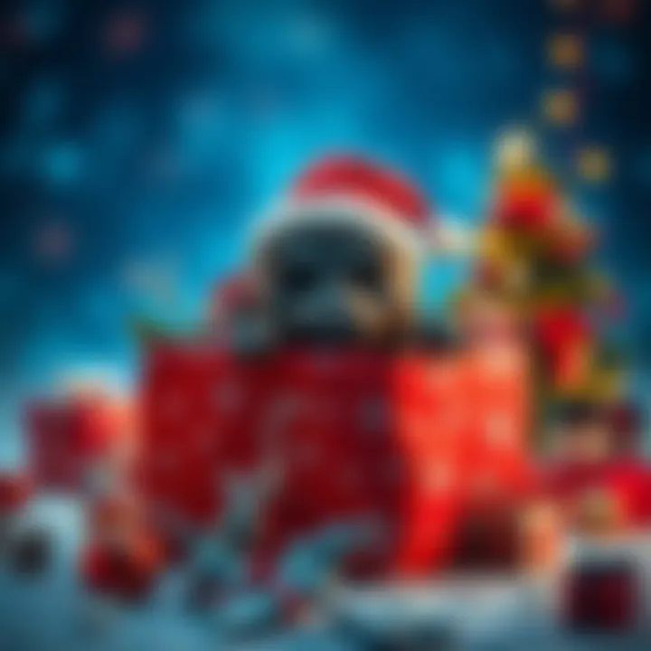 A wrapped Christmas gift featuring a Bigfoot pop figure peeking out with festive decorations around it.