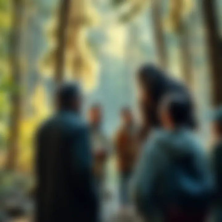 Bigfoot Research Discussion A researcher sharing Bigfoot findings in a forest setting with curious people gathered around.
