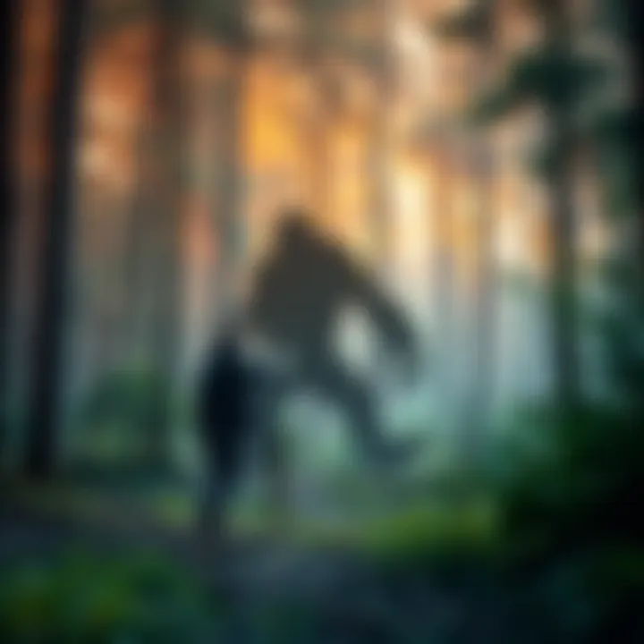 A man stands in a forest pointing at a blurry figure resembling Bigfoot, with trees surrounding him.
