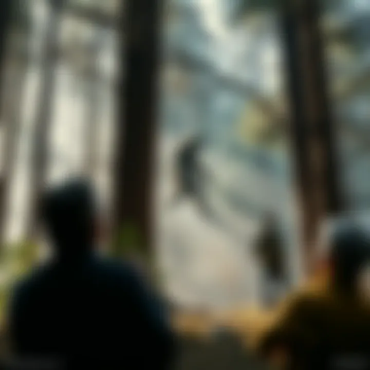 A figure resembling Bigfoot seen among trees in a forest setting, with surprised onlookers in the background observing.