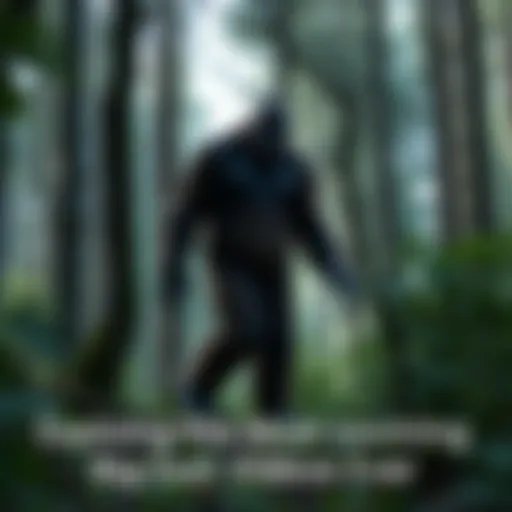 A blurry figure resembling Bigfoot stands among trees in a dense forest