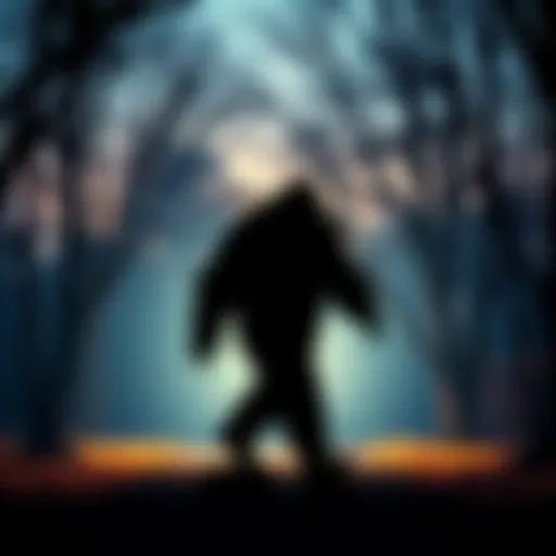 A shadowy figure resembling Bigfoot walking through a Montreal park among trees at dusk.