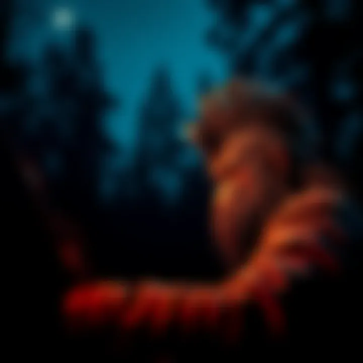 A fisherman encounters a Bigfoot with wrinkly skin and a mohawk hairstyle in a dark forest at night.