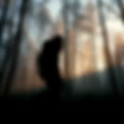 A shadowy figure resembling Bigfoot walking through the trees in Hoosier National Forest