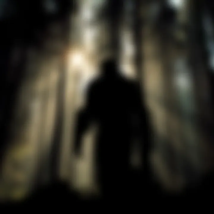 A shadowy figure resembling Bigfoot stands among tall trees in a dense forest, with sunlight filtering through the leaves.