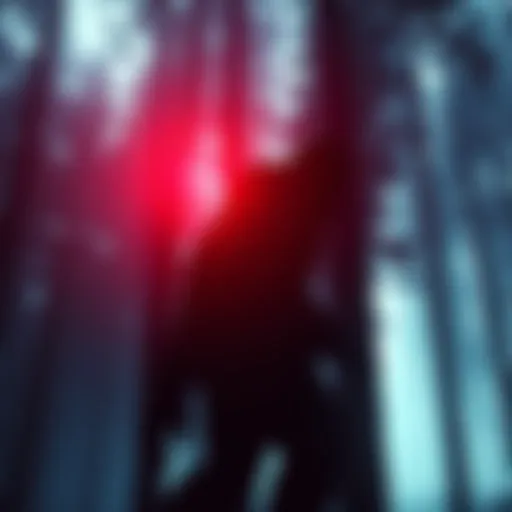 A shadowy figure resembling Bigfoot stands among tall trees, blending into the forest background.