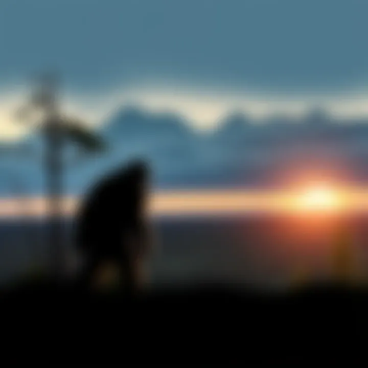 A depiction of Bigfoot standing near Skinwalker Ranch, surrounded by trees and distant mountains, looking curiously at the site.