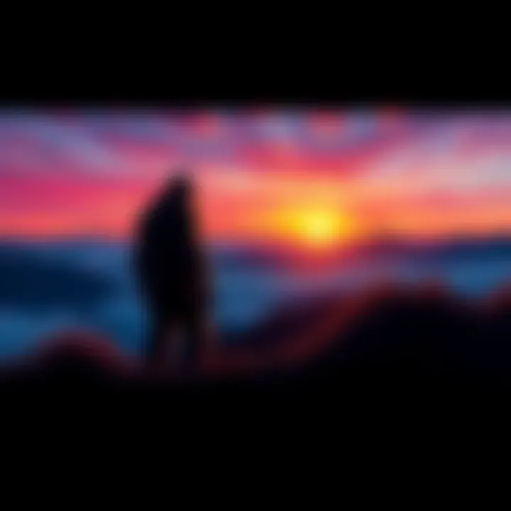Bigfoot Watching the Sunset A painting of Bigfoot standing on a hill, gazing at a vibrant sunset with colorful skies.