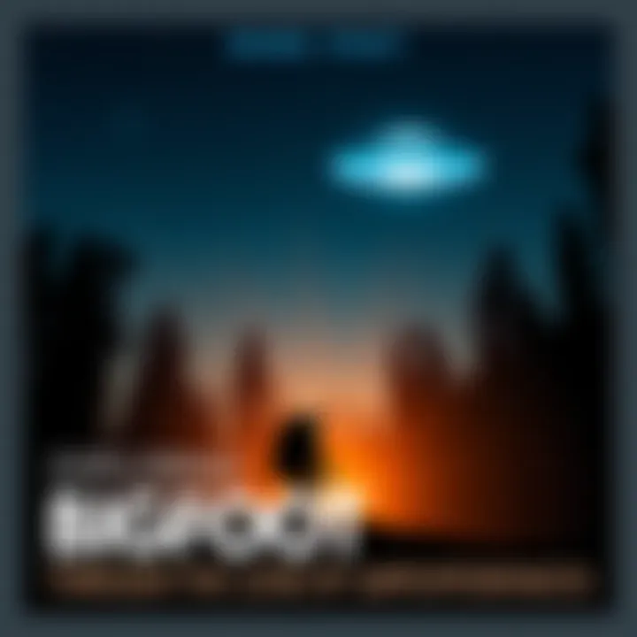 A silhouette of Bigfoot standing in a forest with a bright UFO hovering above, surrounded by stars.