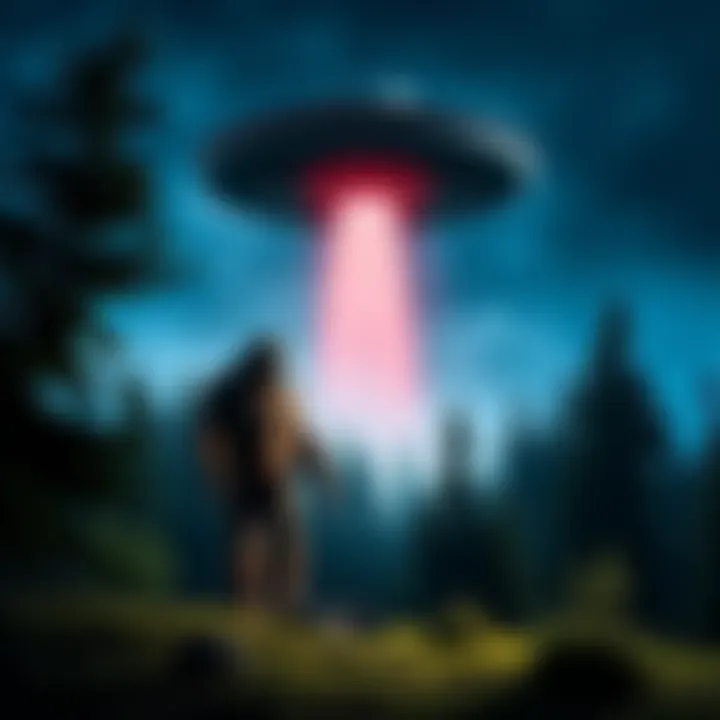 Bigfoot and UFO Sightings A collage showing a Bigfoot figure in a forest and a UFO in the night sky above.